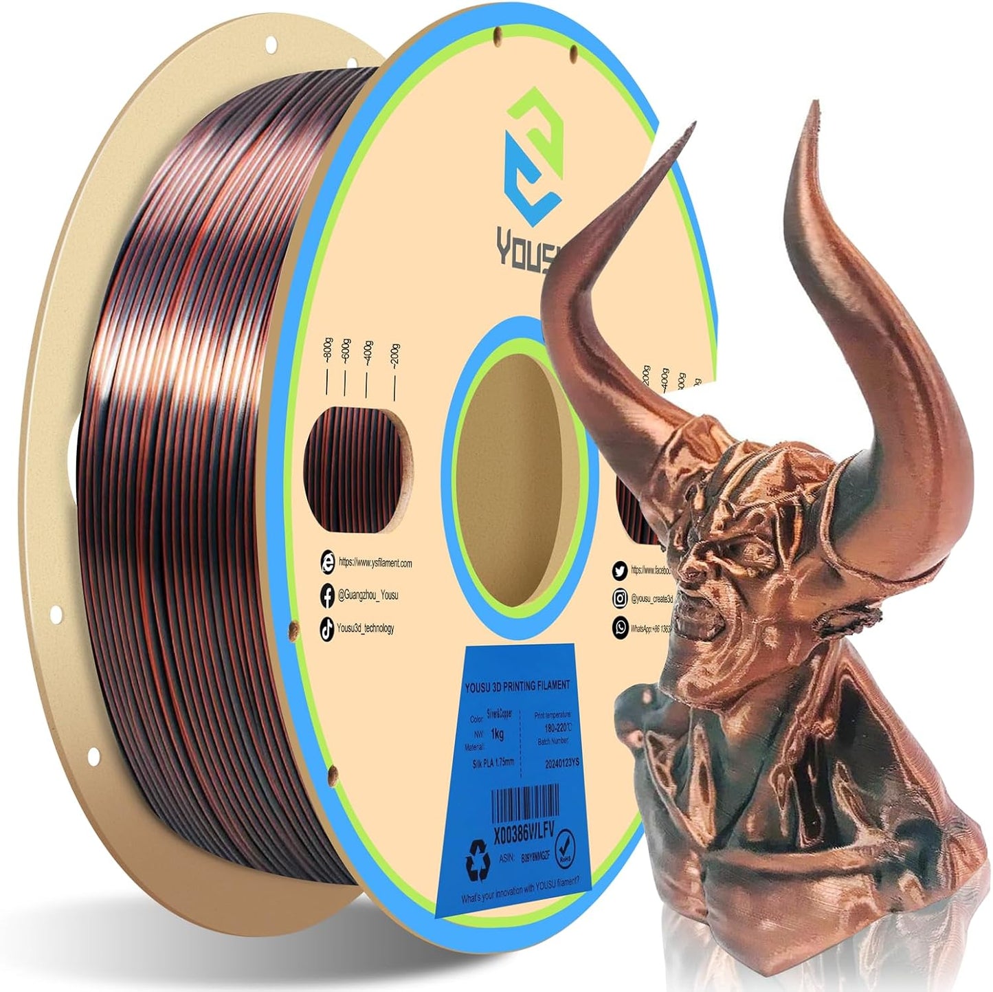 YOUSU Silk Dual Color PLA Filament, Coextrusion Filament, Multicolor 3D Printer Filament 1kg, Compatible with Most of 3D Printer, Silk Silver Copper Color Change Filament.