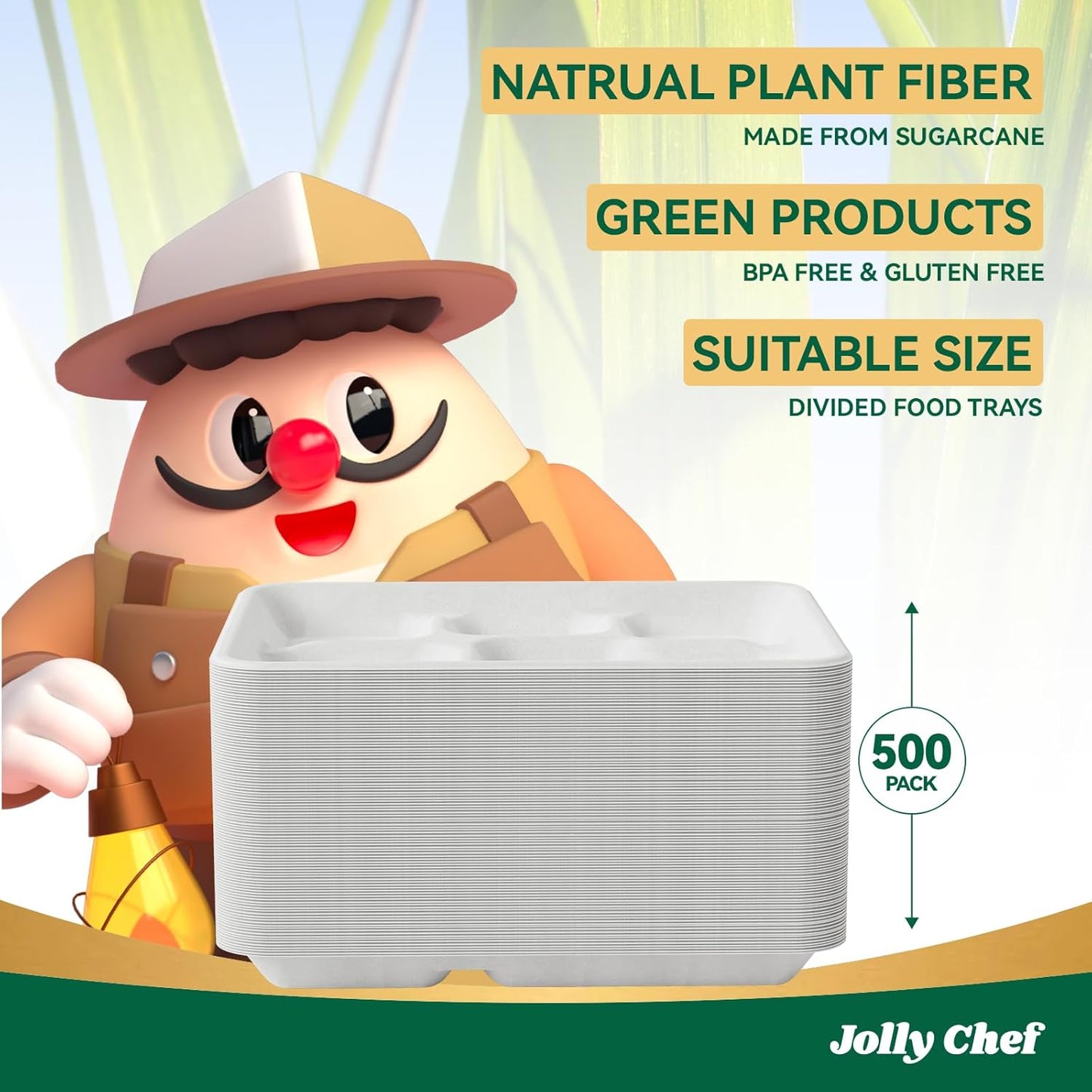 JOLLY CHEF Compostable 𝟱 Compartment Paper Plates 𝟭𝟭 * 𝟴 𝗶𝗻𝗰𝗵 [𝟱𝟬𝟬 𝗣𝗮𝗰𝗸] Heavy Duty White Divided Disposable Plate Eco-Friendly Biodegradable Container Food Trays for Party Lunch Buffet