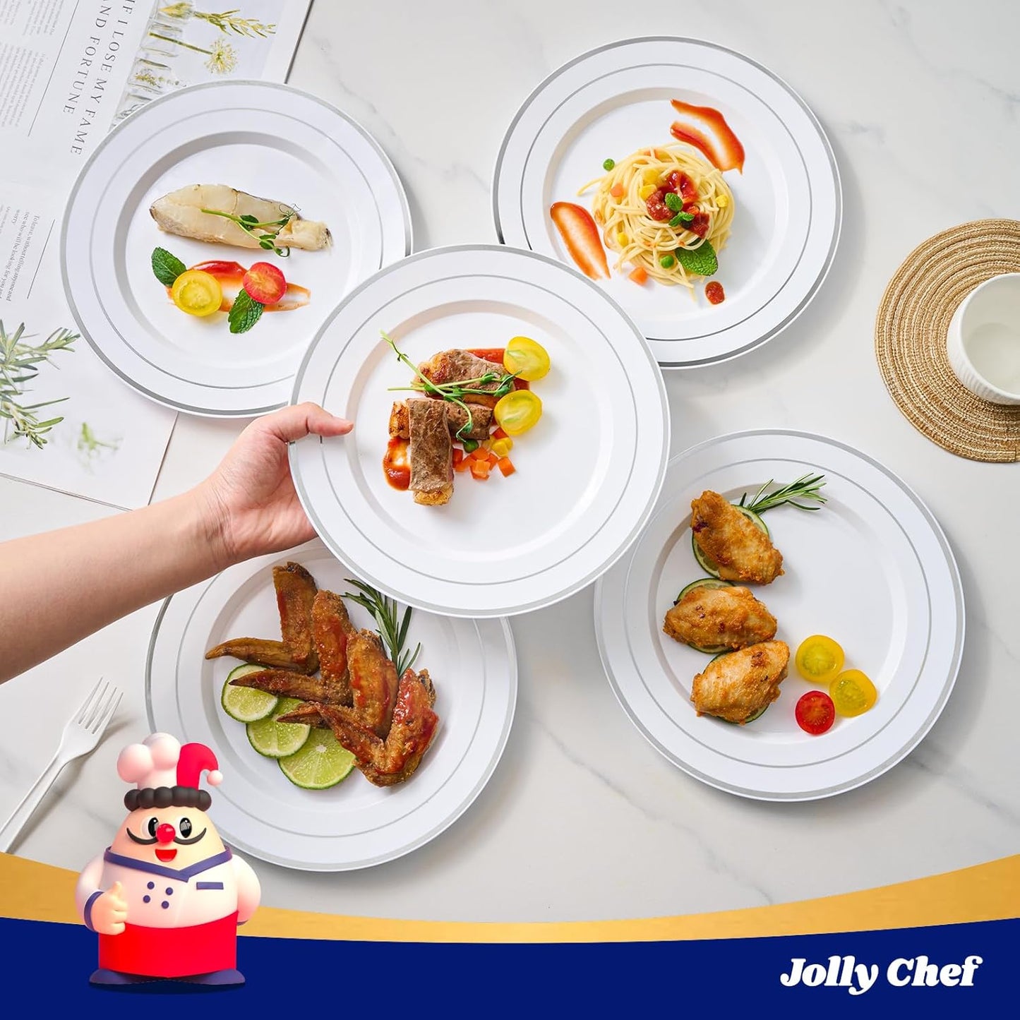 JOLLY CHEF 100 Pieces Silver Plastic Plates, 10 Inch Elegant Disposable White with Silver Rim, Plastic Plates for Dinner, Birthdays and Weddings