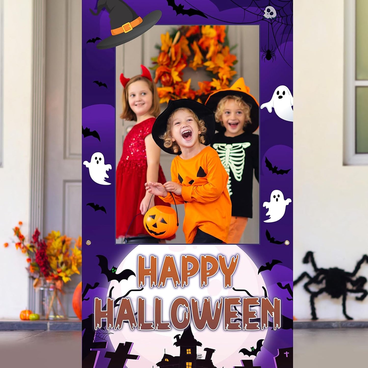 Halloween Photo Booth Props Frame Party Decorations 35 x 73Inch Halloween Picture Backdrop for Birthday Party Supplies Indoor Outdoor Decor (Purple)