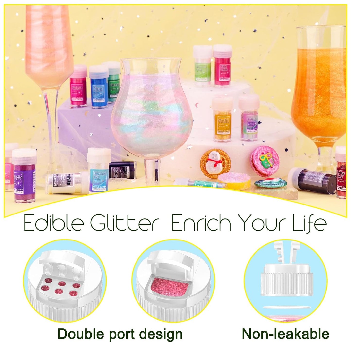 Edible Glitter - 15 Popular Colors Edible Glitter for Cocktails, Food Grade Luster Dust, Iridescent Shimmer Powder for Cake Decorations, Drinks, Baking, Dessert - 3 Particle Sizes - 5g/Bottle