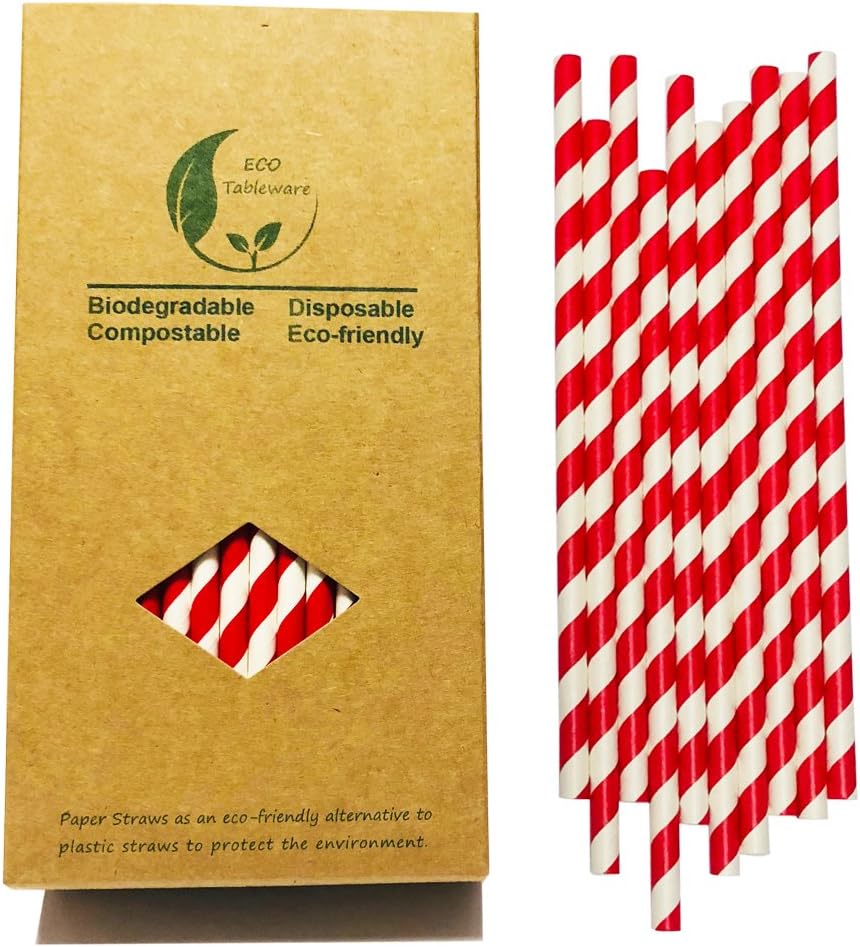 Bright Red And White Stripes Paper Drinking Straws, Biodegradable Food Grade Red Striped Barber Paper Straw For Daily Use Drinking, Coca Cola Straws (Pack of 100)