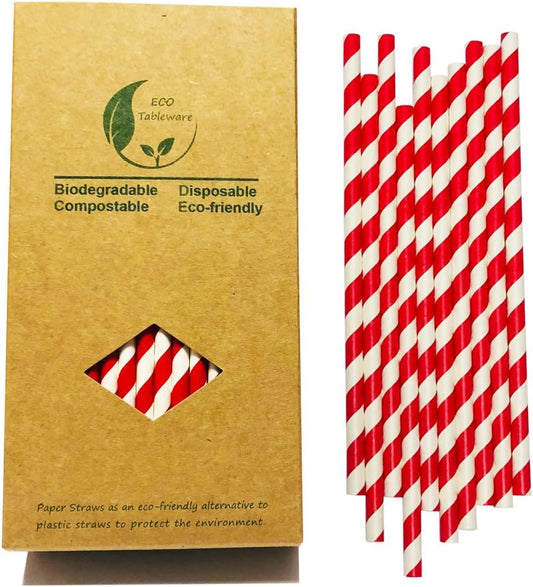 Bright Red And White Stripes Paper Drinking Straws, Biodegradable Food Grade Red Striped Barber Paper Straw For Daily Use Drinking, Coca Cola Straws (Pack of 100)
