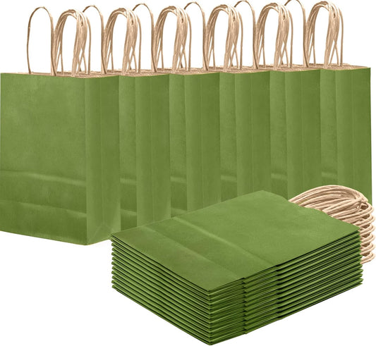 qiqee Light Olive Green Gift Bag with Handles Bulk 24Pcs Paper Bags -8.3"x6"x3. 15" Party Favor Bags - Solid Color