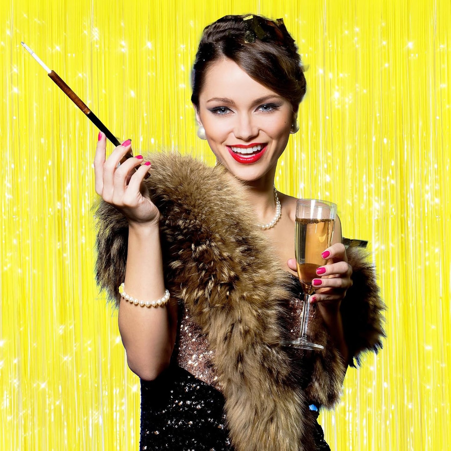 GCB 2Pack Macaron Yellow Metallic Tinsel Foil Fringe Curtains, Door Streamers Photo Booth Backdrop for Birthday Party, Tinsel Curtain Backdrop for Baby Shower Bachelorette Christmas Party Decorations