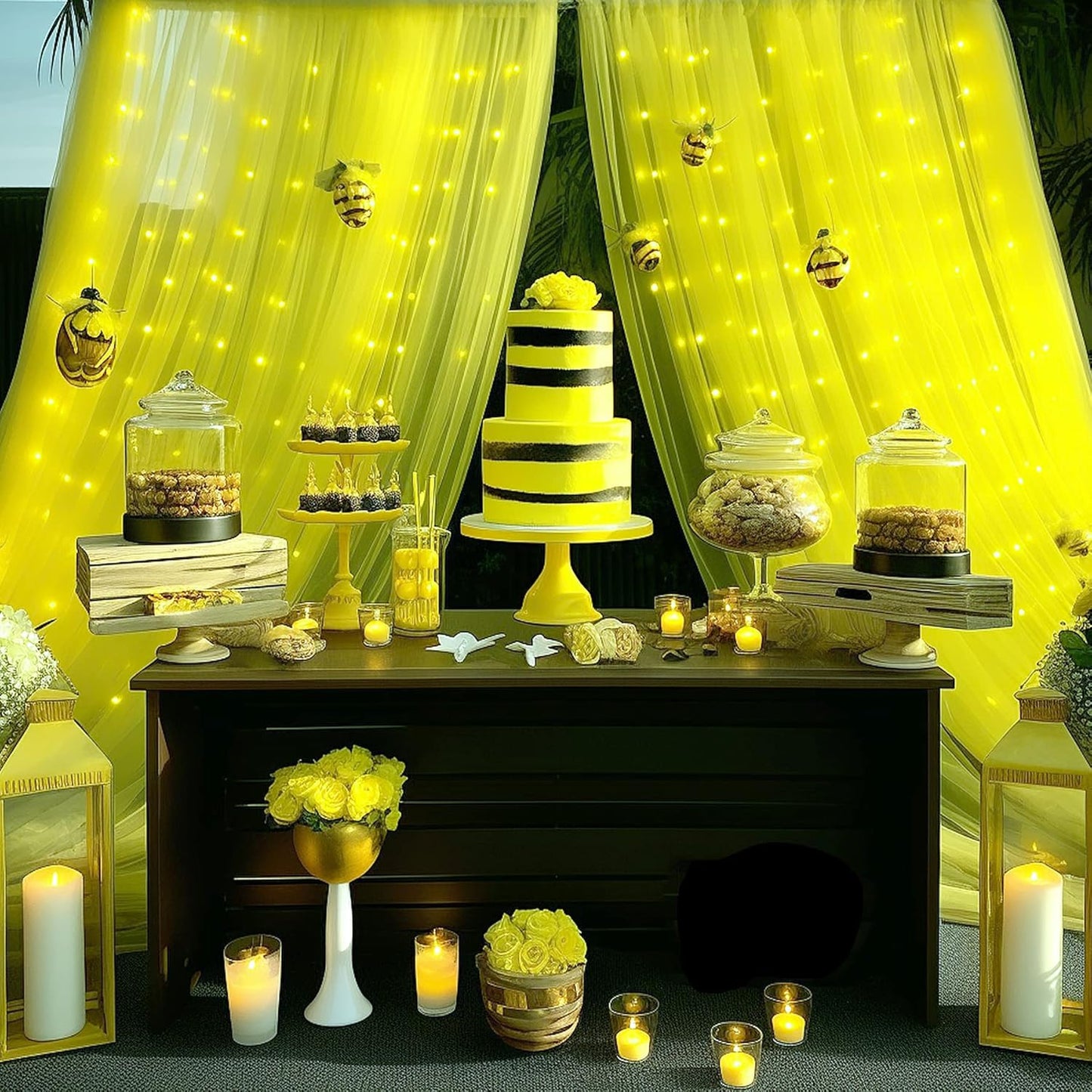 Yellow Sheer Tulle Backdrop Curtains with Lights String for Birthday Party Photoshoot 2 Panels 5×10ft Yellow Backdrop Curtains for Baby Shower Wedding Background Decorations