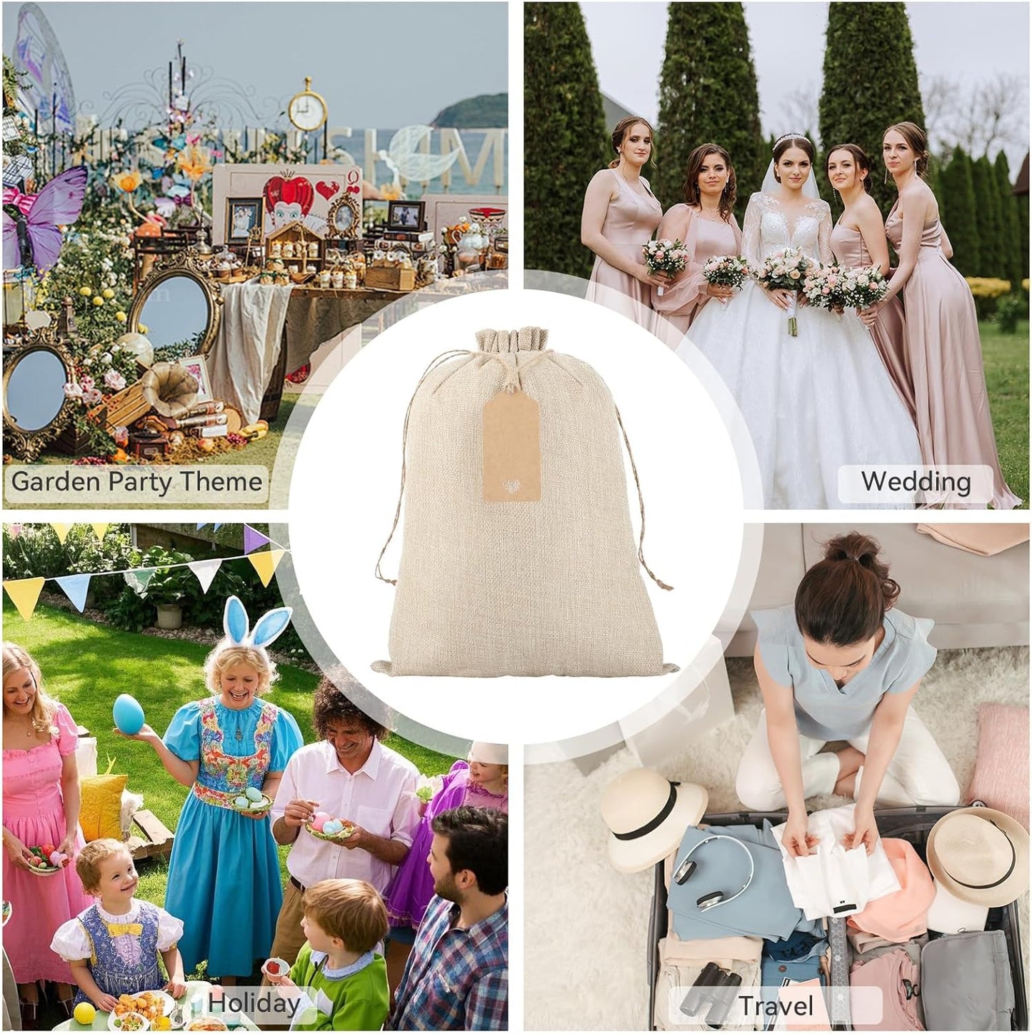 Tapleap Burlap Gift Bags with Drawstring - 10Pcs 10x14 Original Sacks with String and Tags for Wrapping Halloween Favors, Clothes, Toiletries, Breads, For Birthday, Wedding or Household Use