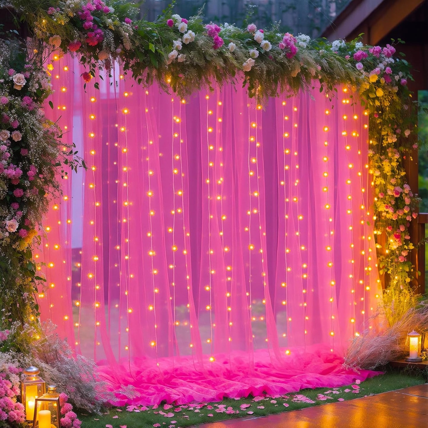10×10ft Hot Pink Tulle Backdrop Curtain with Lights String for Parties, Sheer Photo Backdrop Curtains for Wedding Party Photography Background