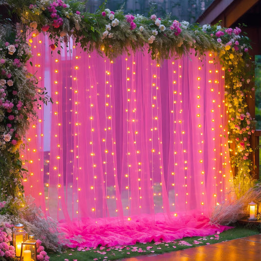 10×10ft Hot Pink Tulle Backdrop Curtain with Lights String for Parties, Sheer Photo Backdrop Curtains for Wedding Party Photography Background
