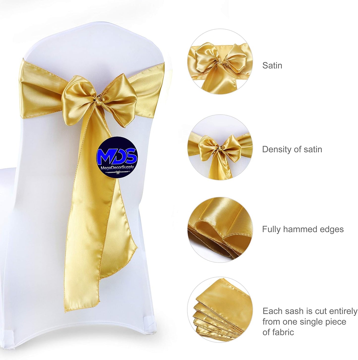 MDS Pack of 10 PCS Satin Chair Sashes Charmeuse Sateen Dining Chair Bows Ribbon Ties Back Sash for Wedding Party Birthday Home Hotel Restaurant Banquet Decoration (7 x 108 Inch, Gold)