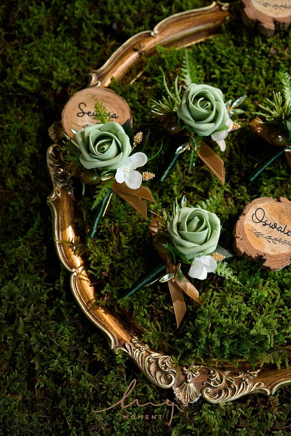 Ling's Moment Boutonniere for Men, 6pcs Groom Groomsmen Boutonniere, Artificial Flowers for Wedding Decor/Prom/Homecoming, etc.Green Beige