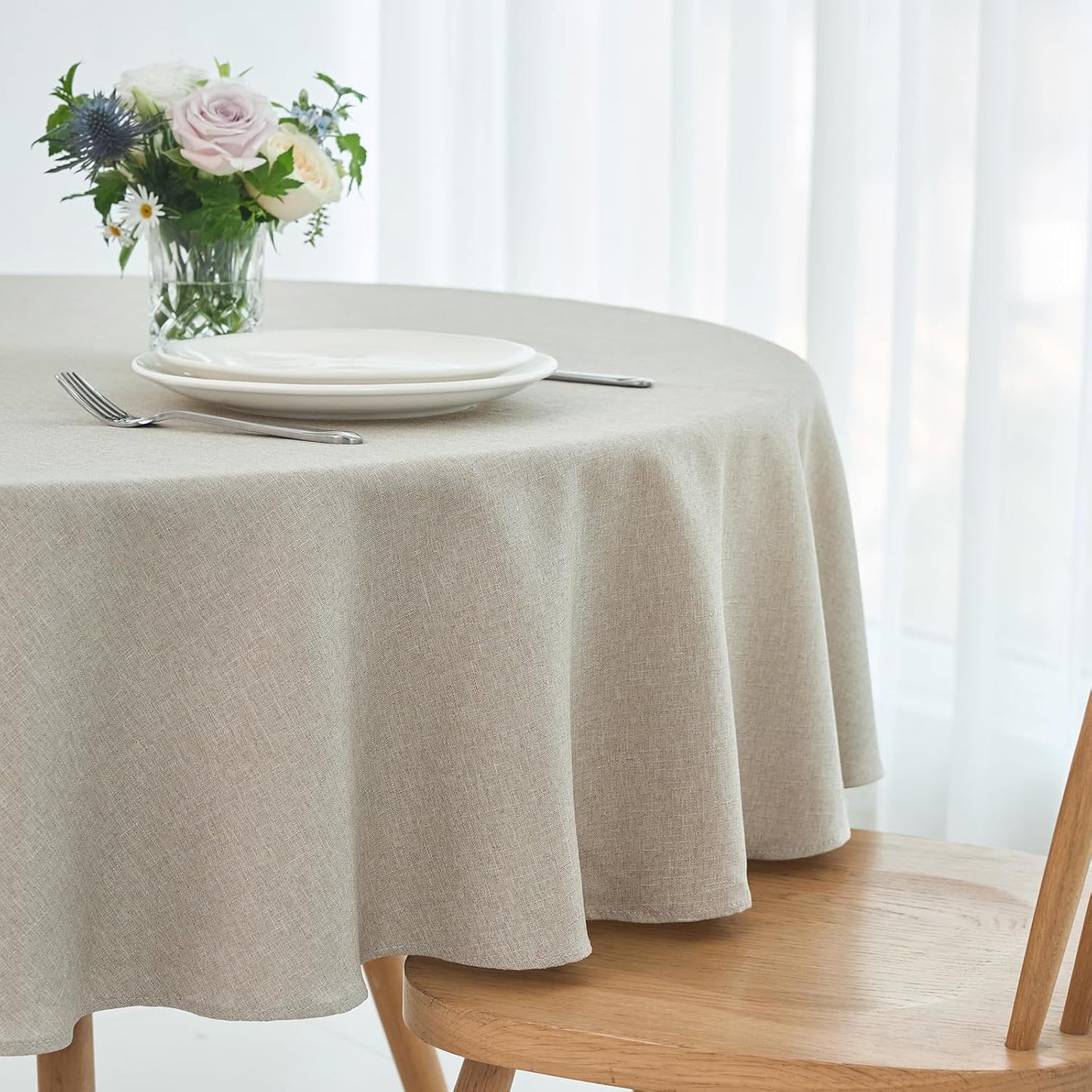 maxmill Round Linen Textured Tablecloth Spill-Proof Stainproof Wrinkle Free Washable Fabric Table Cloth for Circular Table Cover, Dining Room Buffet Banquet Parties Holiday Dinner, 70 Inch Linen