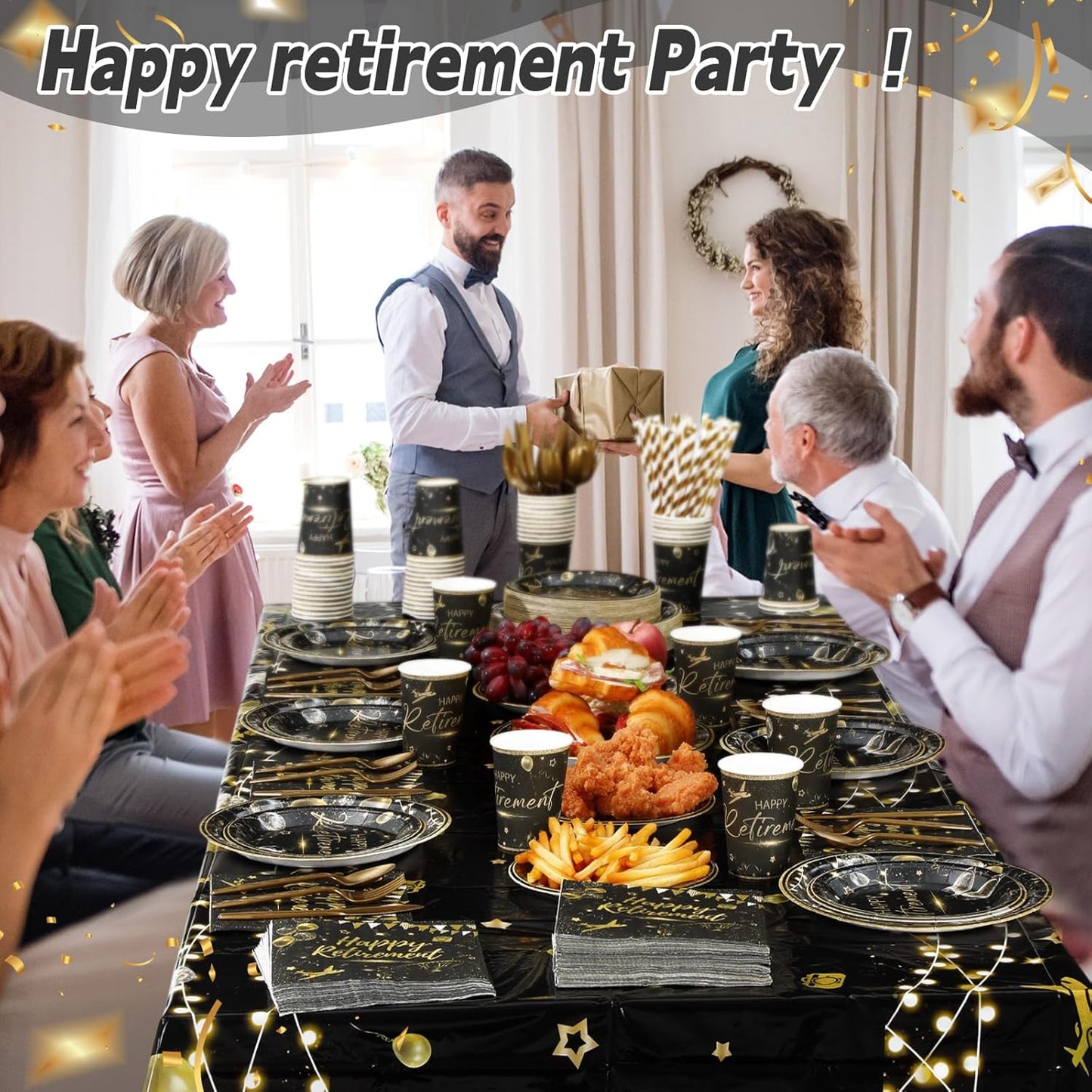 452 Pcs Black Gold Retirement Decorations Supplies for 50 Guests, Happy Retirement Paper Plates Napkins Cups Tablecloth Cutlery Straws Disposable Tableware Set for Men Women