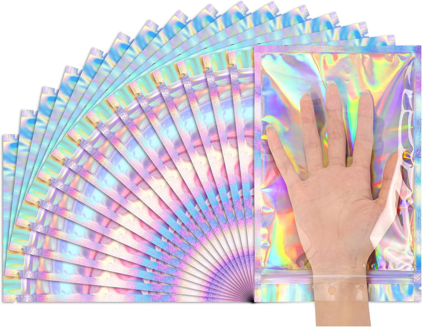 Funfery 50 Pcs Smell Proof Holographic Resealable Bags,6.3x9.4in Clear Window,Mylar Foil Baggie with Zipper,Sealing Pouch Packaging Bag for Food Storage,Candy,Party Favor Sample Business Supplies