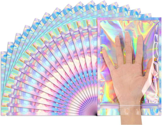 Funfery 50 Pcs Smell Proof Holographic Resealable Bags,6.3x9.4in Clear Window,Mylar Foil Baggie with Zipper,Sealing Pouch Packaging Bag for Food Storage,Candy,Party Favor Sample Business Supplies
