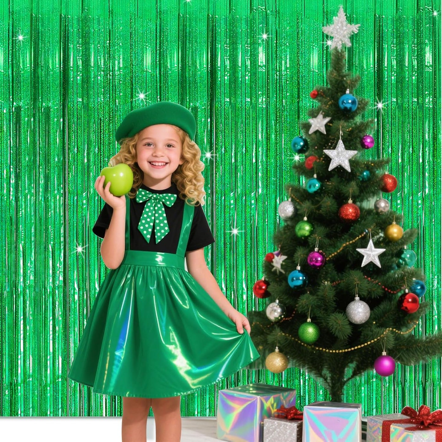 5 Pack Green Streamers Backdrop Metallic Foil Fringe Tinsel Curtains for Birthday Dinosaur Animal St Patrick's Day Football Christmas Jungle Theme Party Decorations