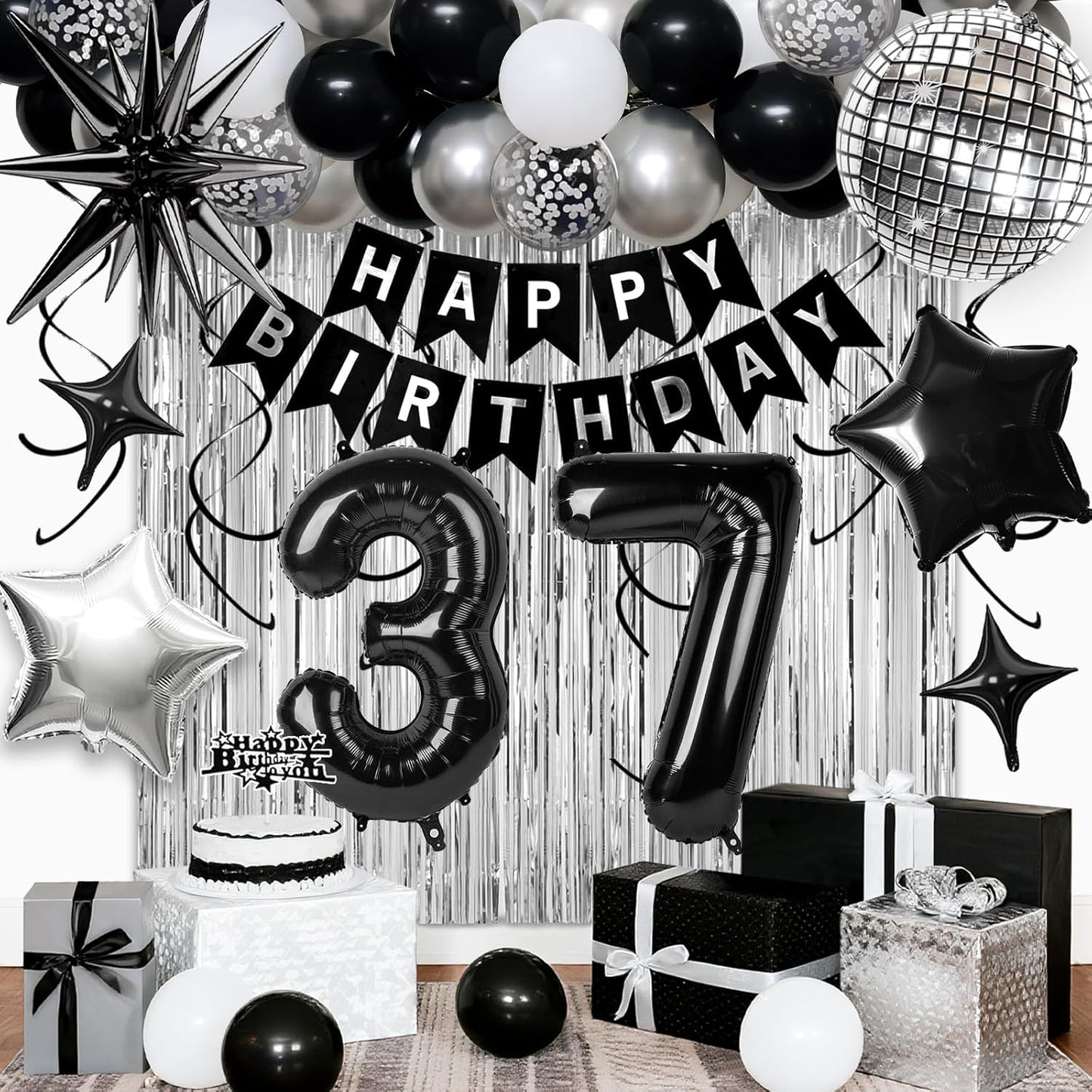 37th Birthday Decorations for Men Women, Black Silver Happy Birthday Party Decorations， 37 Year Old Party Supplies with Number 37 Balloons, Banner, Fringe Curtains Kit