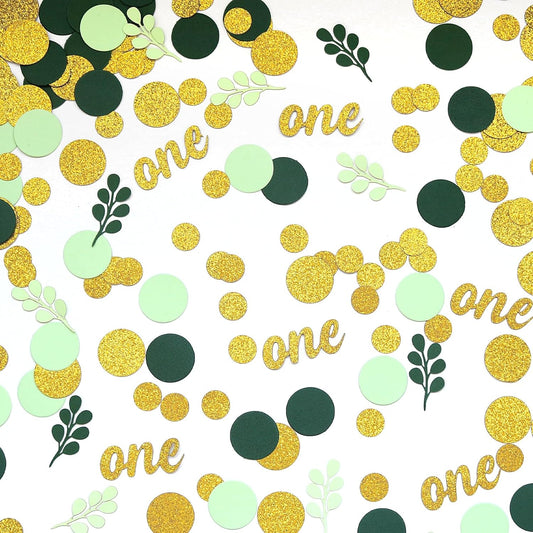 300PC Gold Glitter and Sage Green First Birthday Decorations for Girl/Boy Greenery Happy 1st Birthday Confetti for Table for Baby One Year Old Party Decor Supplies