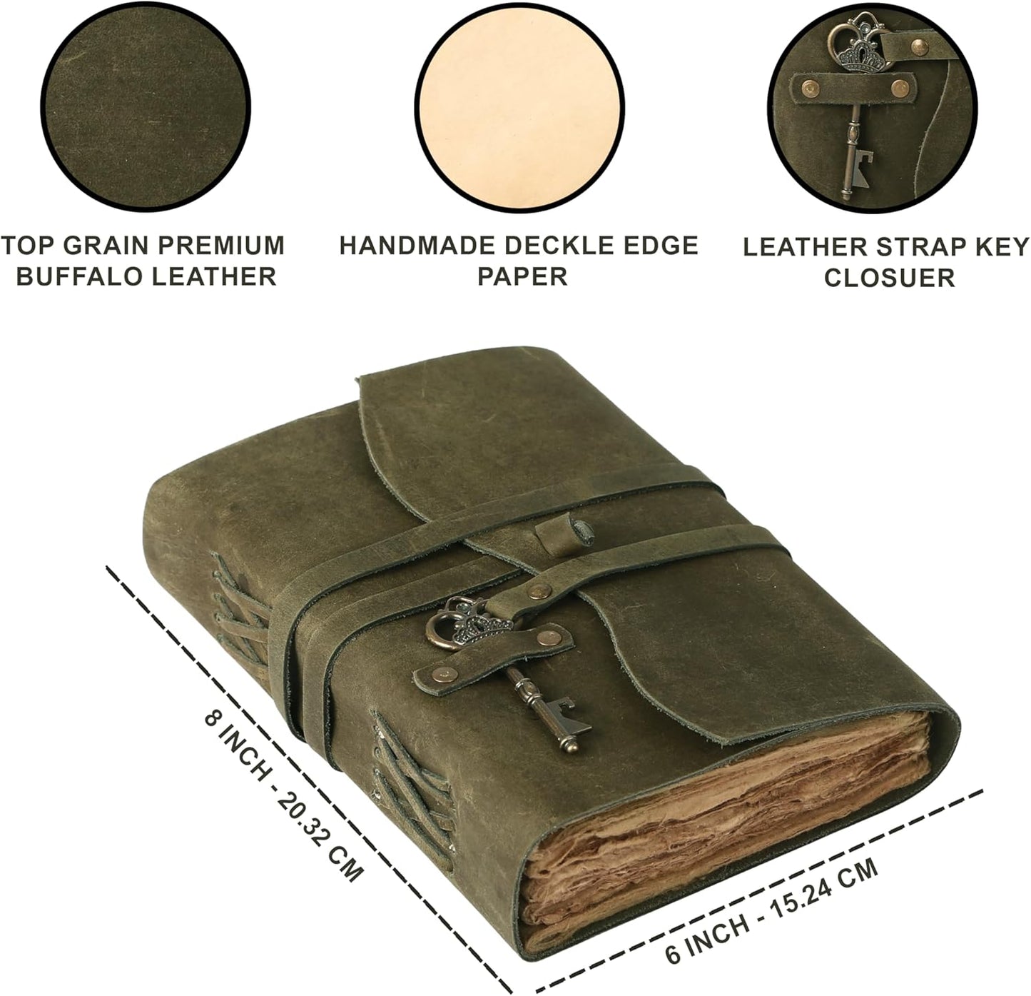 Leather Journal with Lined and Unlined Deckle Edge Paper 8x6 inch and Vintage Key | Handmade Writing Notebook Diary | Bound Daily Notepad for Men & Women Medium, Sketch/Writing pad for Artists