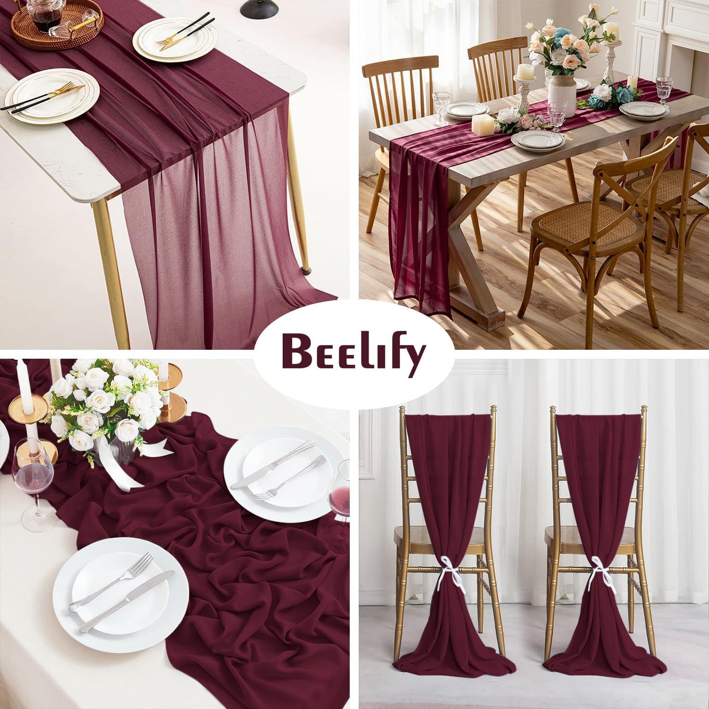2 Pack 10 Ft Chiffon Table Runner Burgundy Gauze Long Table Runners 27x120 Inches Sheer Tulle Table Runner for Rustic Wedding Reception Bridal Shower Decorations Birthday Party