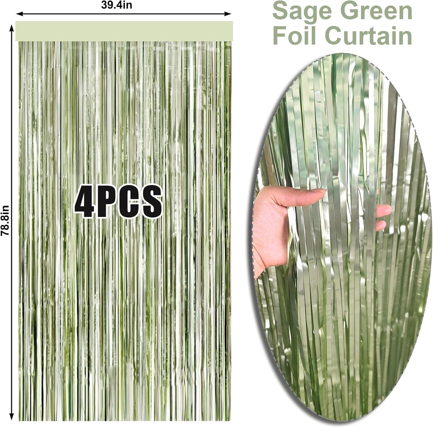 4 Packs Sage Green Foil Fringe Curtain, Light Green Glitter Metallic Tinsel Backdrop for Boho Birthday Wedding Bridal Baby Shower Engagement Martini Party Decorations Supplies