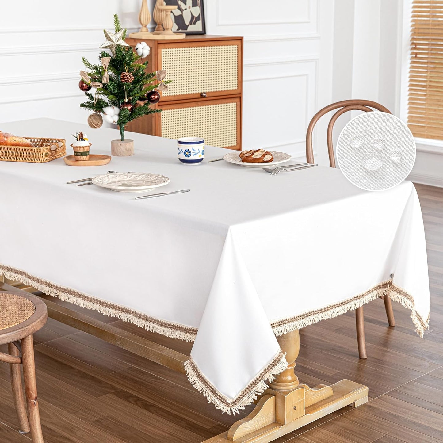 MYSKY HOME Table Cloth, Waterproof Tablecloths for Rectangle Tables, Cotton Rustic Tablecloths, White Table Coths Heavy Duty with Linen Tassels for Kitchen Dining, Party, Holiday, Christmas, 55''x86''