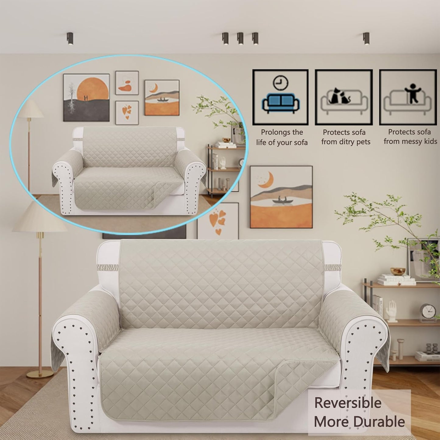 Reversible Loveseat Sofa Covers Couch Cover Furniture Protector(Loveseat,Beige/Beige)