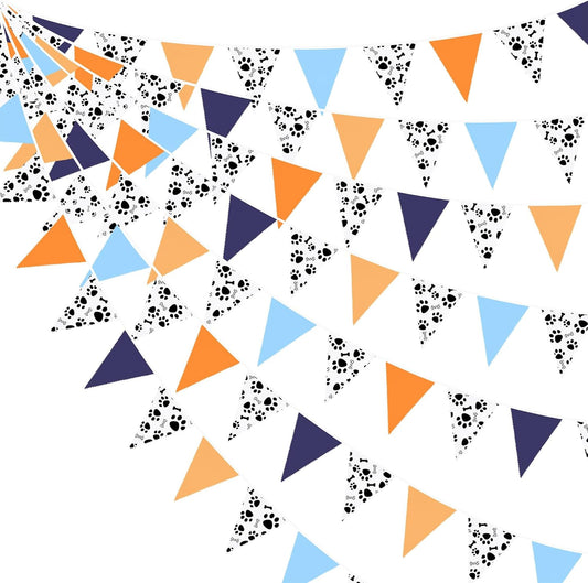 32Ft Orange Blue Dog Paw Party Decorations Puppy Paw Print Fabric Banner Triangle Pennant Flag Garland Streamers for Kids Boys Blue Dog Birthday Baby Shower Party Outdoor Garden Decor Supplies