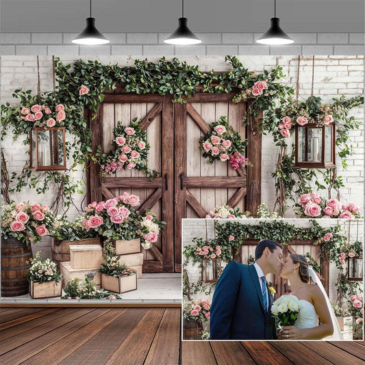 7x5ft Country Wedding Photography Backdrop Floral Rustic Roses Farmhouse Wooden Door Backdrop Pink Flower Birthday Baby Shower Wedding Bridal Party Banner Photo Booth Props Anniversary Background