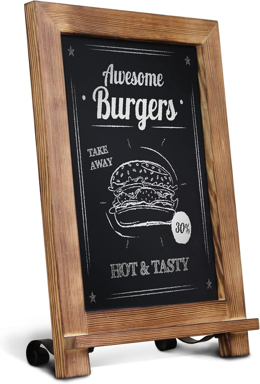 HBCY Creations Rustic Torched Wood Tabletop Chalkboard with Legs/Vintage Wedding Table Sign/Small Kitchen Countertop Memo Board/Antique Wooden Frame (9.5” x 14” Inches) (Torched Brown)