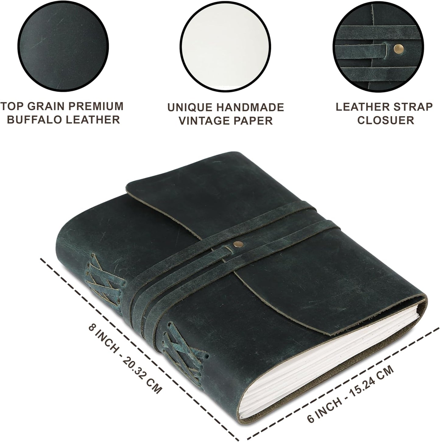 Handmade Leather Journal 8x6 Inch | Blue Vintage Notebook with Unlined Pages | Antique Travel Diary, Writing Sketchbook for Men & Women