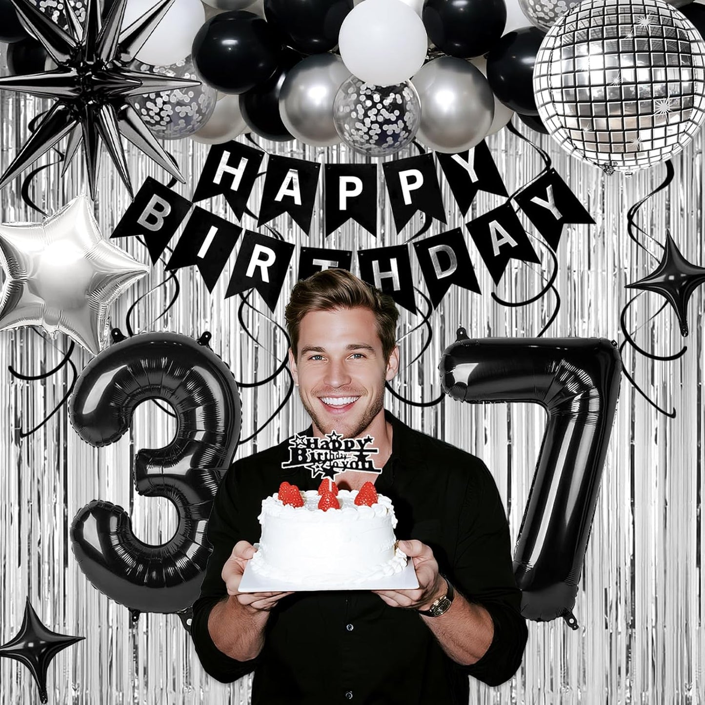 37th Birthday Decorations for Men Women, Black Silver Happy Birthday Party Decorations， 37 Year Old Party Supplies with Number 37 Balloons, Banner, Fringe Curtains Kit