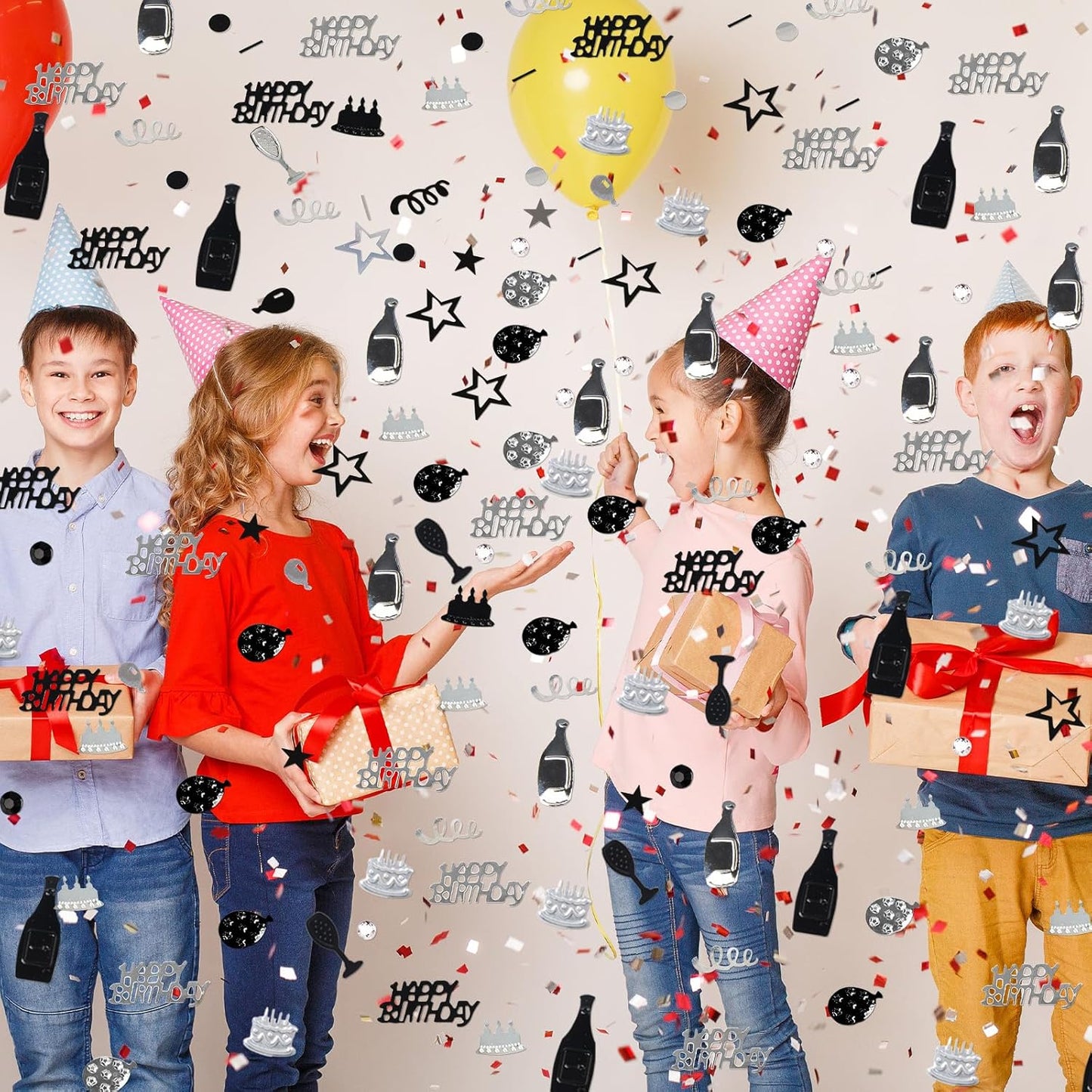 Silver and Black Happy Birthday Confetti, 3000 Pcs Birthday Cake Table Metallic Foil Confetti Party Table Decor for Party, Baby Shower, DIY Arts and Crafting