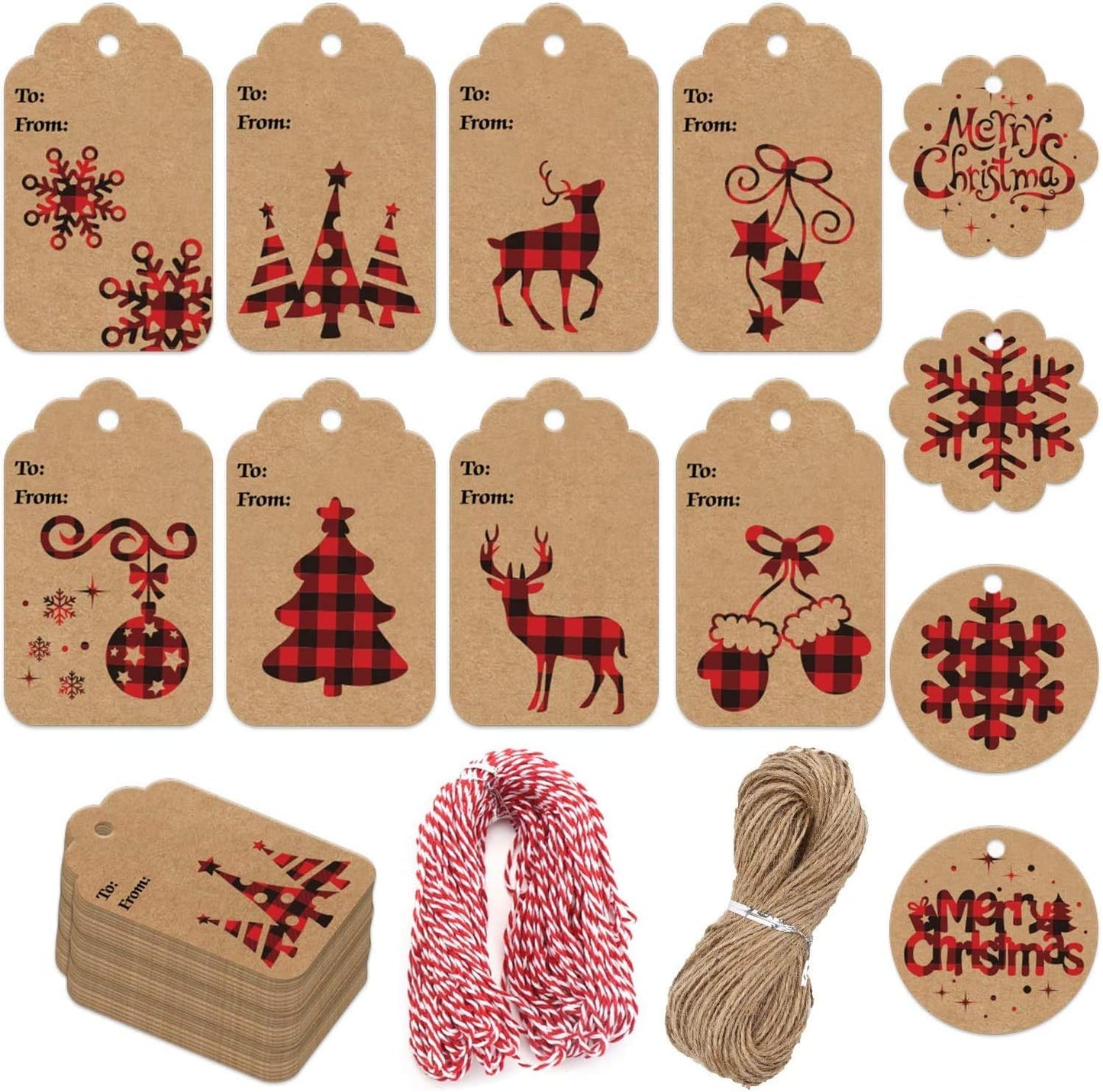 LOKIPA 120 Pieces Christmas Kraft Paper Gift Tags Hang Labels with Red and Black Plaid Snowflake Christmas Tree Elk Patterns and 230 Feet Twine Rope for Christmas