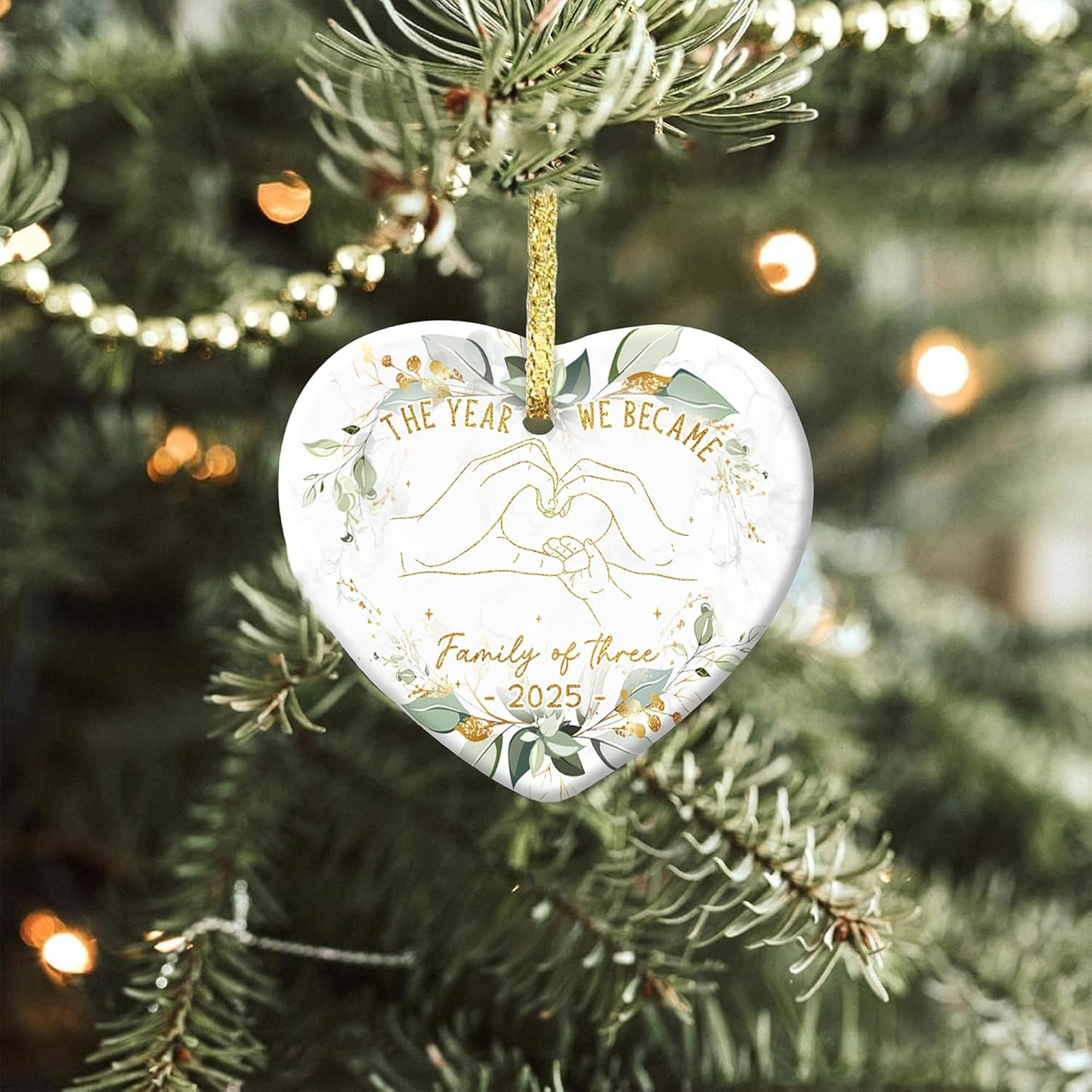 GOSSBY Baby First Christmas Ornament 2025 - The Year We Became Family of 3 - Baby Frist for New Parents - Newborn, 1st Xmas Tree Decoration - Heart-Shaped Ceramic Ornament