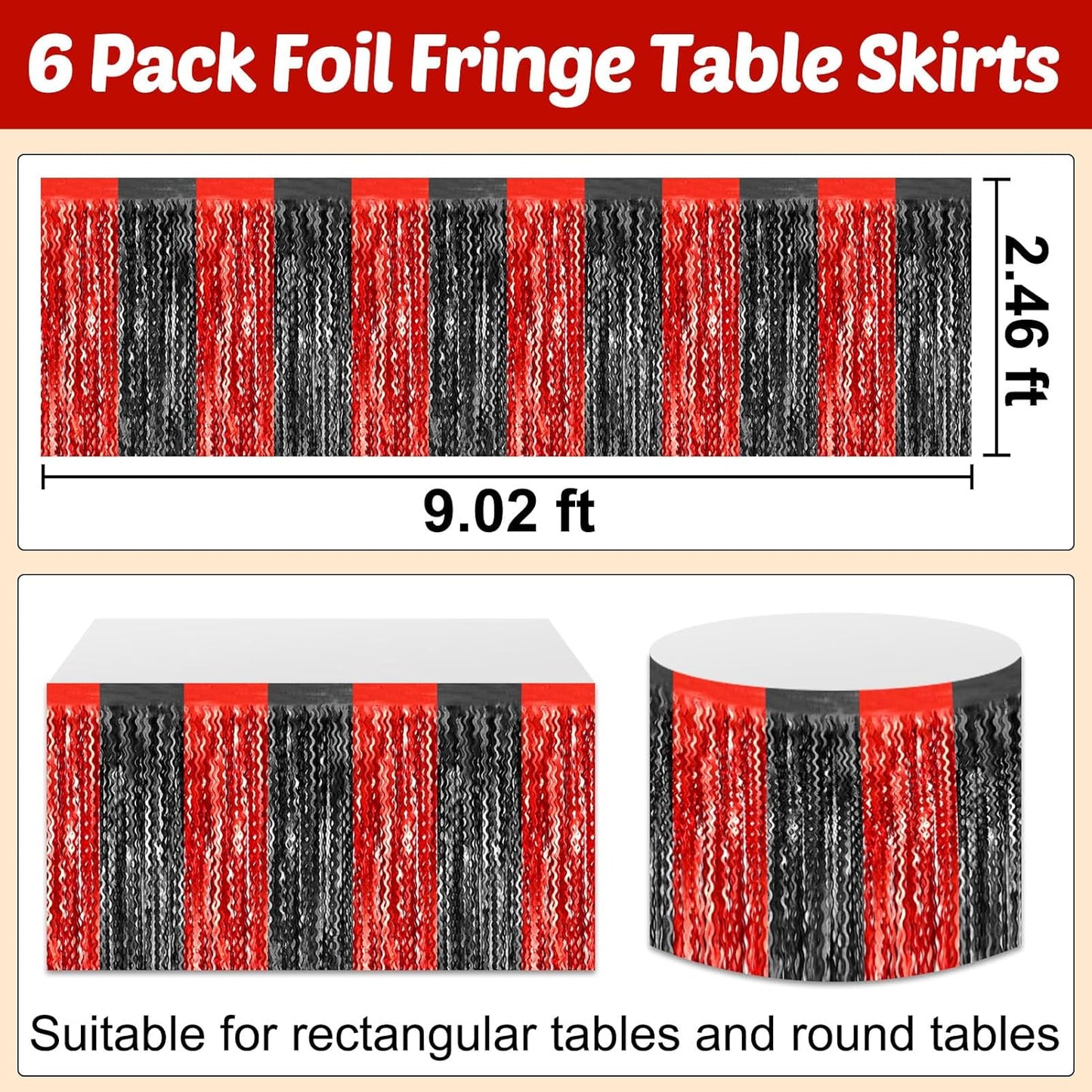 6 Pack 29x108 Inch Black Red Wave Foil Fringe Table Skirts Metallic Banner for Tinsel Streamer Garland Backdrop for Parade Floats Wedding, Mother's Day, Birthday Mardi Gras Party Decorations