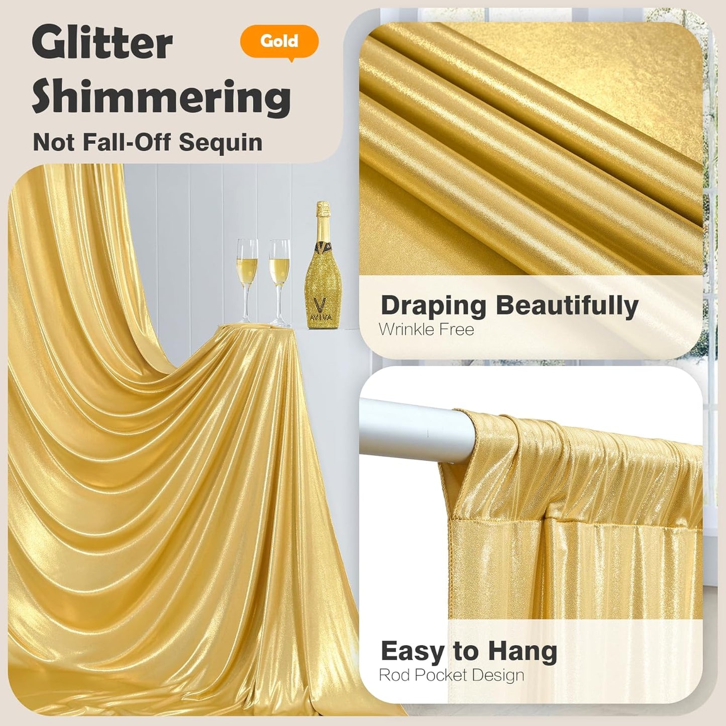 10x10 Gold Sequin Backdrop Curtain with Lights-Wrinkle Free Thick Glitter Backdrop Drapes for Wedding Parties Events Halloween Decor-2 Panels 5×10ft Shimmer Photo Booth Background for Photography