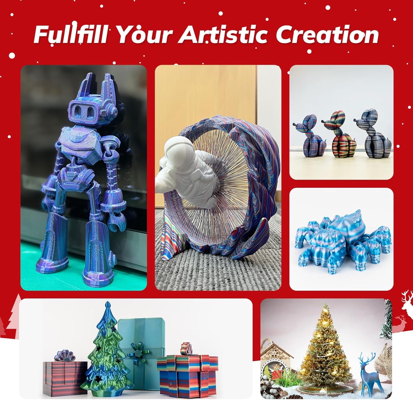 AMOLEN Silk PLA 3D Printer Filament, Shiny Multicolor Christmas Rainbow PLA Filament 1.75mm, Fast Color Change PLA 3D Printing Filament for Most FDM 3D Printer, Red White, 1kg (2.2lbs)