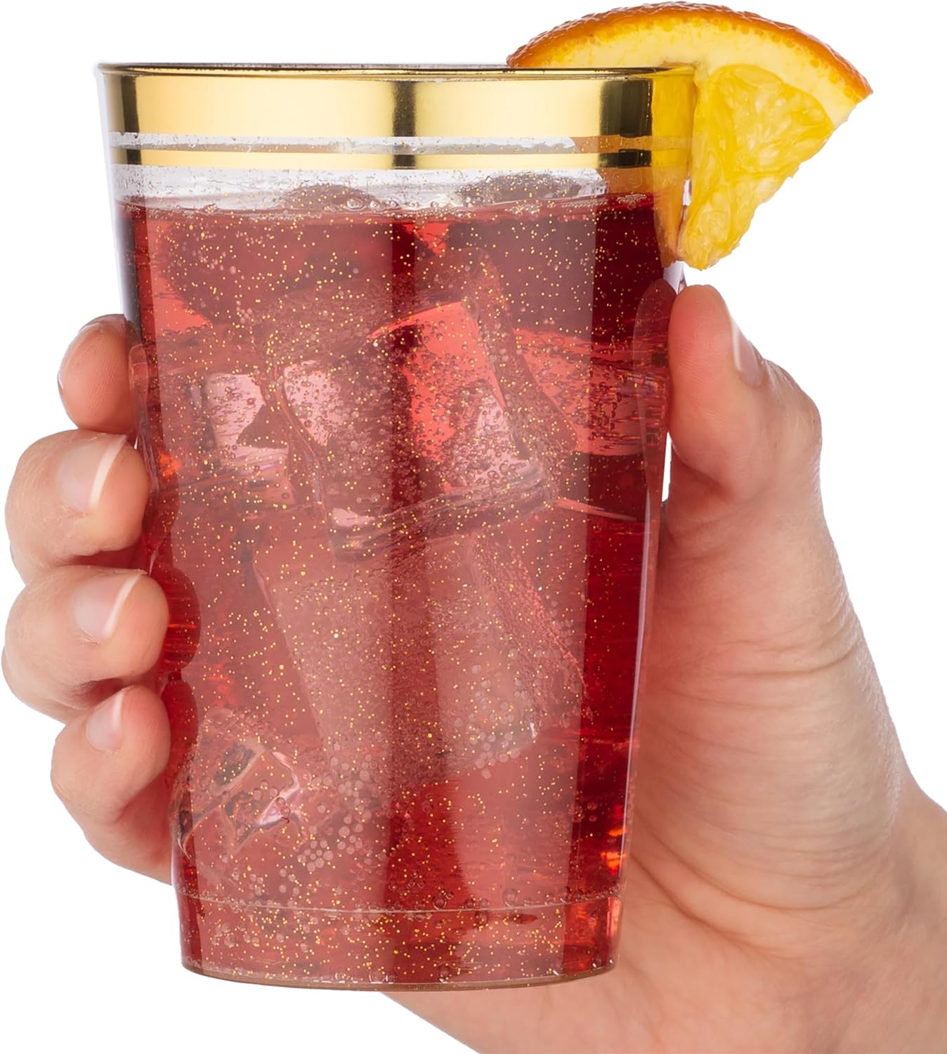 Perfect Settings 100 Premium 12oz Hard Plastic Cups Clear Glitter Gold Plastic Double Colored Rimmed Cups Fancy Disposable Wedding Cups Elegant Party Cups with Twin Colored Rim (Glitter Gold Rim, 12)