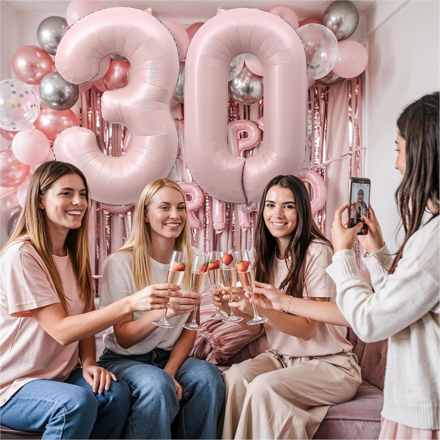 Light Pink 30th Birthday Balloon for Women, 40 Inch Self Inflating Mylar Number 30 Balloons, Big Blush Pastel Pink Foil 3 & 0 Helium Balloon for Her Boho Coquette 30th Birthday Party Decorations