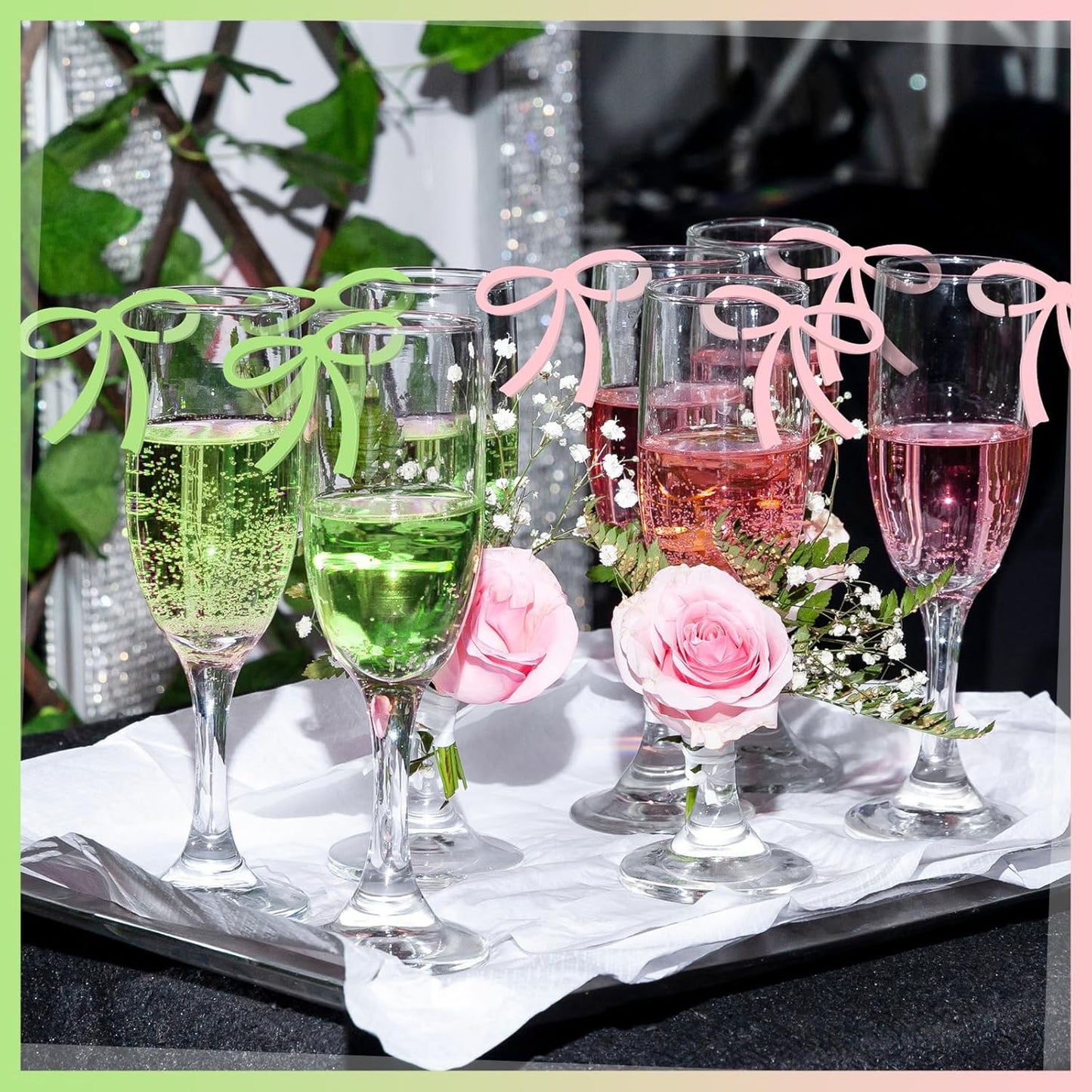 50 Pcs Bows Drink Tags Coquette Bow Wine Glass Charms Acrylic Bowknot Drink Tag for Bachelorette Birthday Wedding Coquette Tasting Party Decor Accessory(Green, Pink)