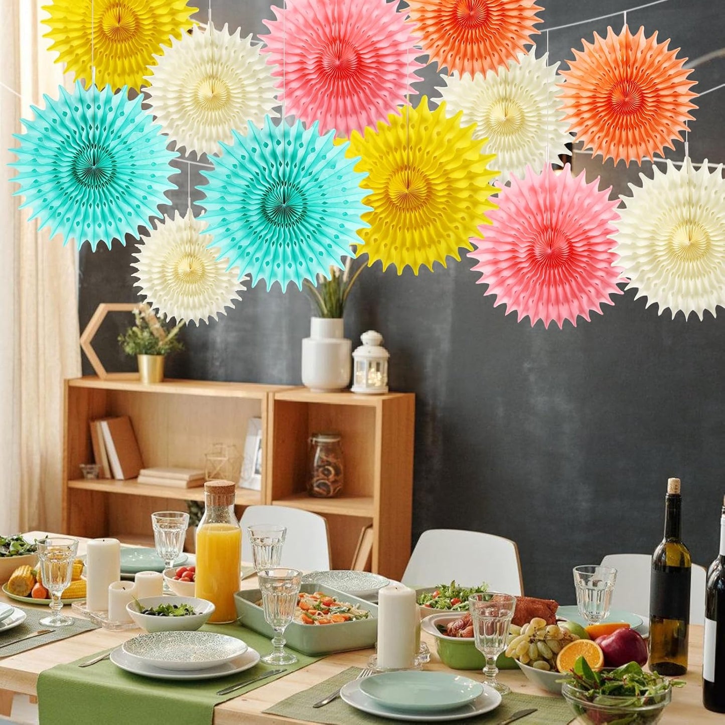 12PCS Paper Fans Colorful Rainbow Pastel Party Decorations Tissue Paper Flowers Decorations for Girl Groovy Birthday Baby Shower Wedding Bachelorette Room Wall Hanging Décor