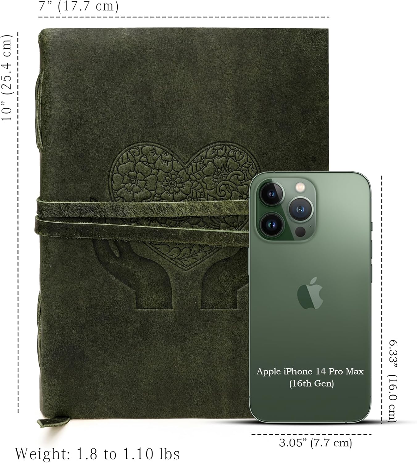 LUXEORIA Heart Journal for Women and Men, Handcrafted Leather Journal for Writing Womens, Sketchbook, Travel Diary with Unlined Deckle Paper, Dark Green 7x10