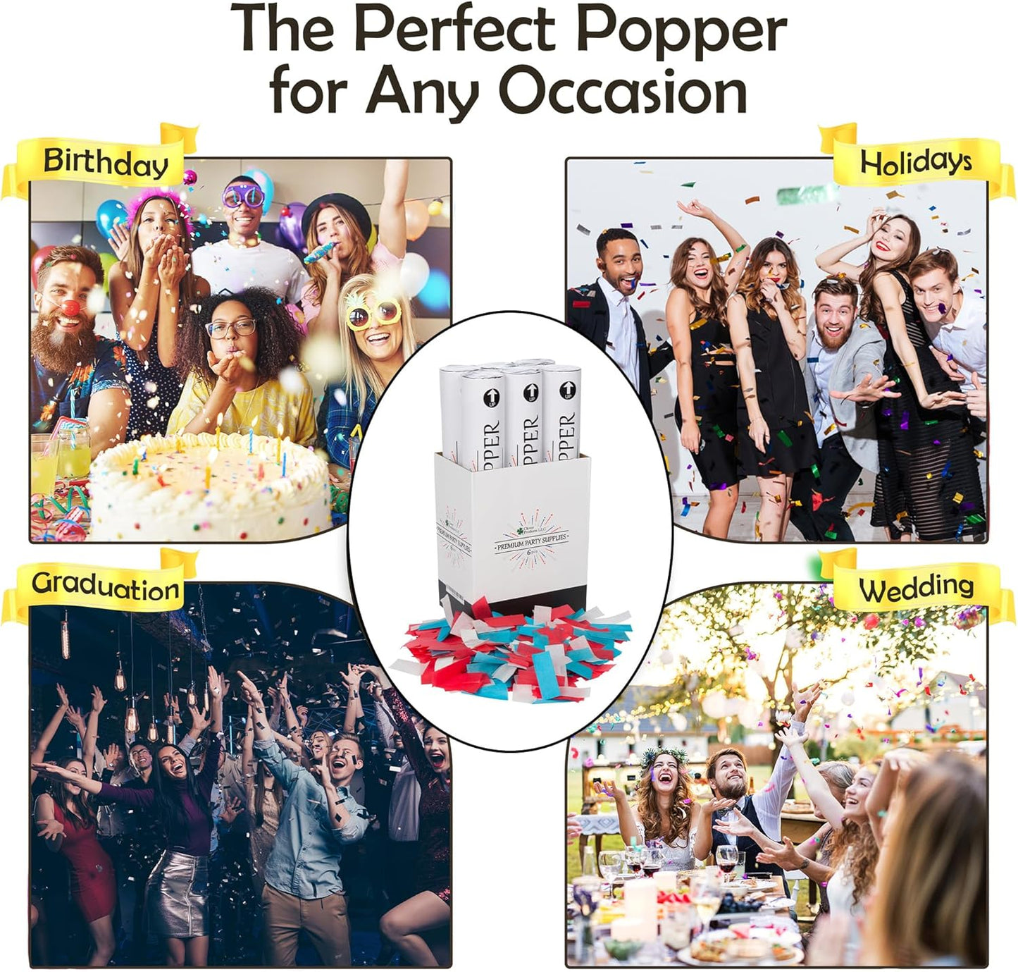 Clover Products Confetti Cannons 6-Pack – Biodegradable Red, White & Blue Party Poppers Launch 25 Feet Patriotic Celebration Supplies for 4th of July, Labor day, Parades, and other Events