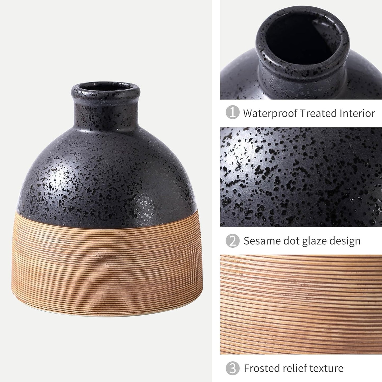 Black and Brown Rustic Farmhouse Flower Round Ceramic Striped Vase, Modern Bohemian Ceramic Floral Vase for Home Cottage Core Decor, Table, Living Room, Bookshelf Decor, Mantel, Wedding 6.5 Inch