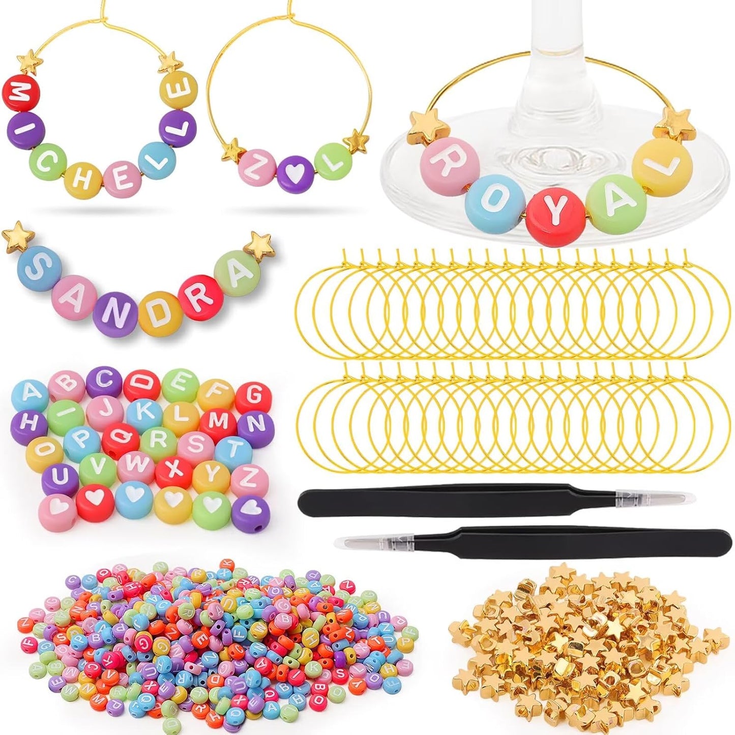 60 Sets DIY Wine Glass Charms – 780 Letter Beads 120 Gold Beads 60 Charm Rings 2 Tweezers, Drink Identifier Charms Wine Glass Marker Tags for Wedding Cocktail Bachelorette Party Decoration (Colorful)