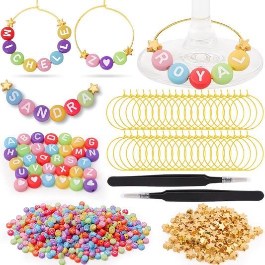 60 Sets DIY Wine Glass Charms – 780 Letter Beads 120 Gold Beads 60 Charm Rings 2 Tweezers, Drink Identifier Charms Wine Glass Marker Tags for Wedding Cocktail Bachelorette Party Decoration (Colorful)