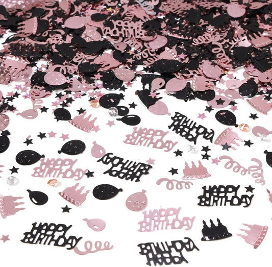 Rose Gold and Black Happy Birthday Confetti, 3000 Pcs Birthday Cake Table Metallic Foil Confetti Party Table Decor for Party, Baby Shower, DIY Arts and Crafting