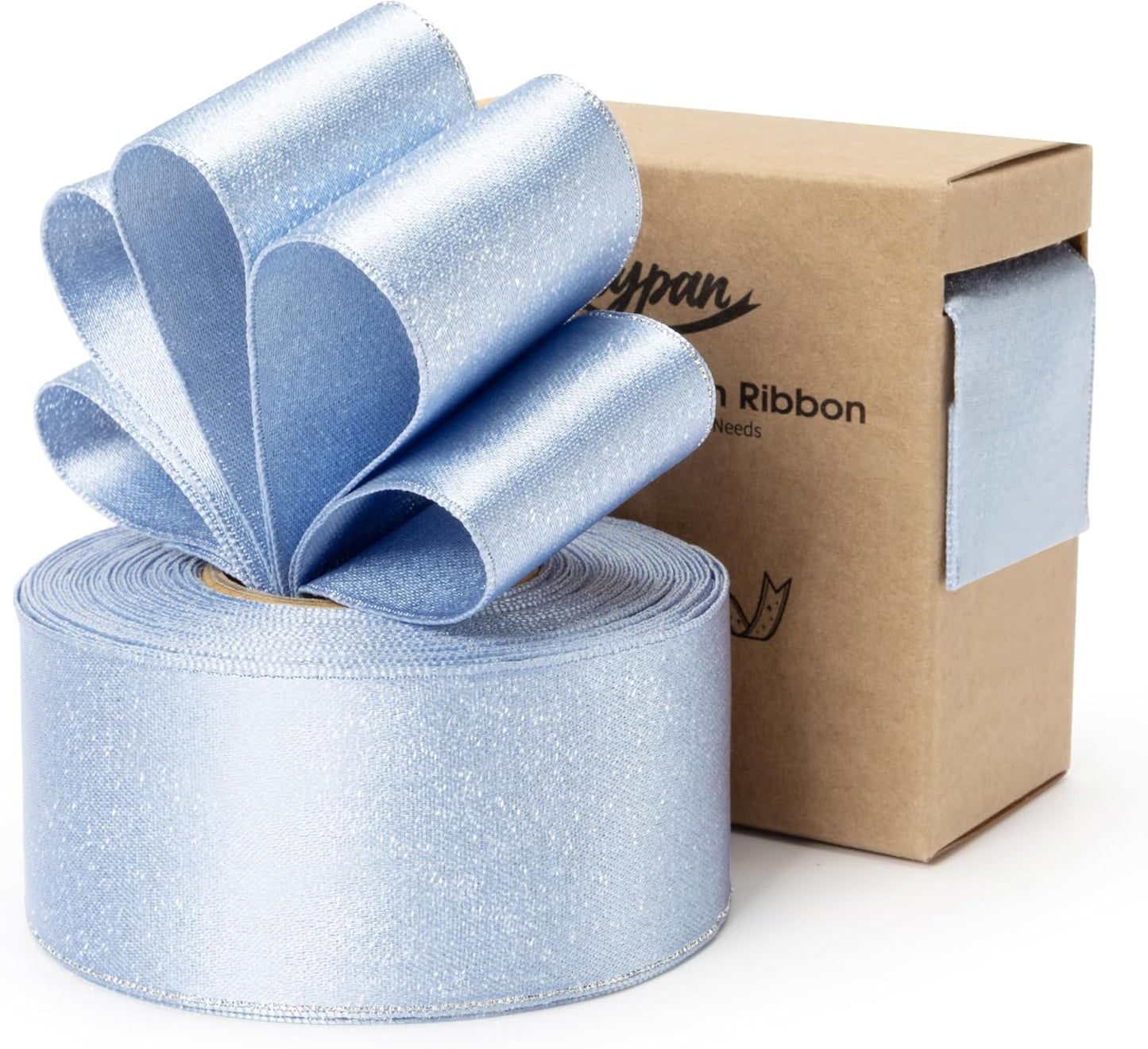 Light Blue Satin Wired Ribbon 1-1/2 Inch Double-Faced Sliver Glitter Christmas Ribbons for Wreath, Tree Decoration, Gift Wrapping, Home Decor 10 Yards