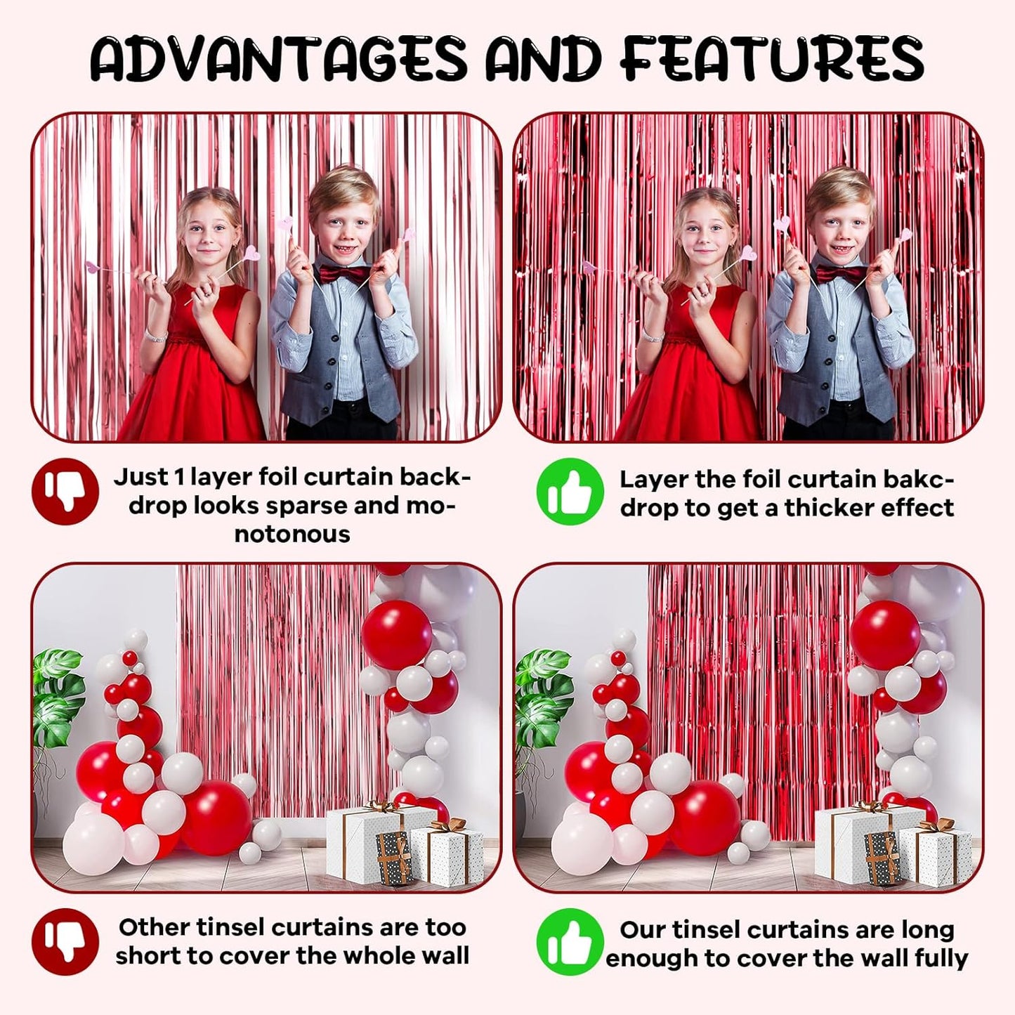 2 Pack Red Foil Fringe Backdrop Curtains, Tinsel Streamers Birthday Party Decorations, Fringe Backdrop for Graduation, Baby Shower, Gender Reveal, Disco Party